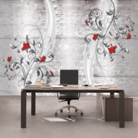 Fotobehang poster 0953 grijs bloemen rood