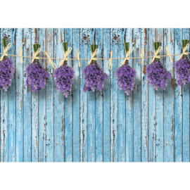 Fotobehang poster 1843 planken hout blauw bloemen lavendel