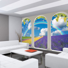 Fotobehang poster 2247 uitzicht terras met bogen op bollenveld bloemen regenboog