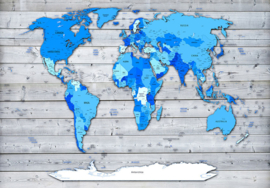 Fotobehang  3521 wereldkaart met landen namen blauw planken hout