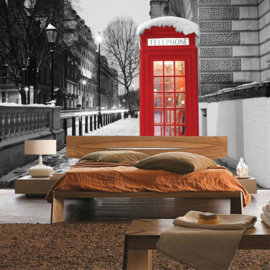 Fotobehang poster 1425 telefooncel rood engels phone sneeuw