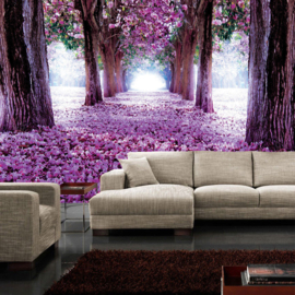 Fotobehang poster 0722 bomen roze bloemen blauw