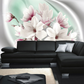 Fotobehang poster 0876 bloemen roze wit groen planten ster