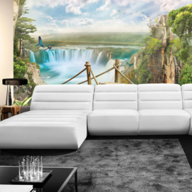 Fotobehang poster 3357 waterval regenwoud touwbrug vogels tropisch