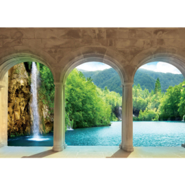 Fotobehang poster 1789 water waterval natuur planten bos zuilen