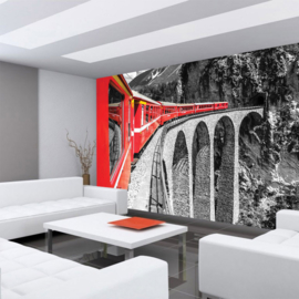 Fotobehang poster 1811 trein brug grijs rood landschap