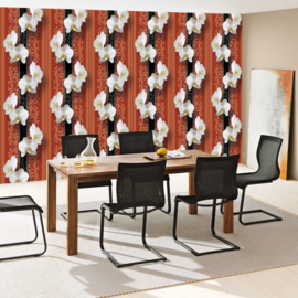 Fotobehang poster 0345 bloemen witte orchidee op rood behang motief