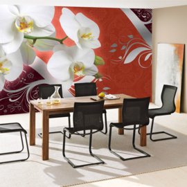 Fotobehang poster 1834 orchidee wit planten bloemen patroon rood oranje
