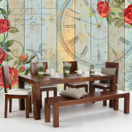 Fotobehang poster 2485 houten panken met klok en bloemen