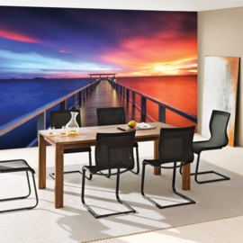 Fotobehang poster 0992 uitzicht strand houten steiger zonsondergang