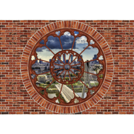 Fotobehang 1233 USA New York raam stenen muur rood skyline