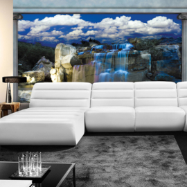 Fotobehang poster 1649 waterval rotsen lucht hemel blauw