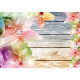 Fotobehang poster 1808 bloemen hout roze groen geel