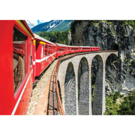 Fotobehang poster 1331 rode trein op spoor brug naar tunnel in berg
