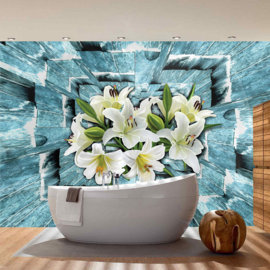 Fotobehang poster 1676 bloemen 3d wit blauw