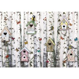 Fotobehang poster 4317 vogelhuis vogels vlinder bomen berken