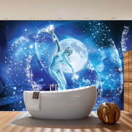 Fotobehang poster 0963 vrouw in golf sculptuur styrand water blauw