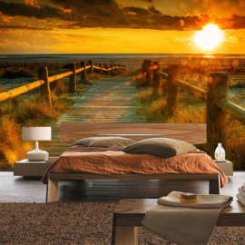 Fotobehang poster 0064 natuur zonsondergang steiger strand duinen houten planken