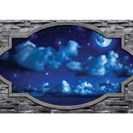 Fotobehang poster 1853 hemel wolken lucht blauw stenen muur doorkijk