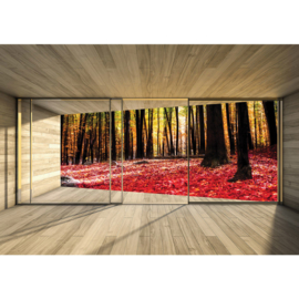 Fotobehang poster 2158 raam kamer uitzicht bos bomen