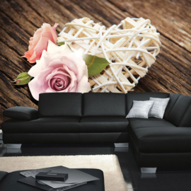 Fotobehang poster 1542 bloemen roos houten hart