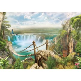 Fotobehang poster 3357 waterval regenwoud touwbrug vogels tropisch