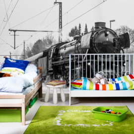 Fotobehang poster 4507 stoomtrein lokomotief wagons zwart