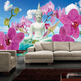 Fotobehang poster 0589 bloemen orchidee roze boeddha water