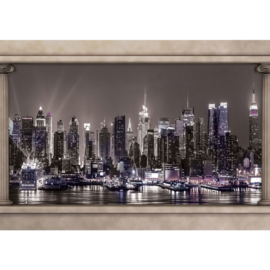 Fotobehang poster 1753 skyline by night water nacht wolkenkrabber