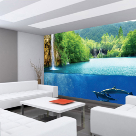 Fotobehang poster 2043 dieren dolfijn aquarium waterval glazen wand