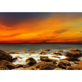 Fotobehang poster 0060 natuur strand zonsondergang oranje lucht rotsen