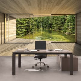 Fotobehang poster 2157 raam kamer water bomen bos