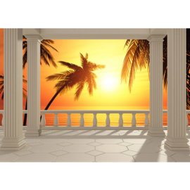 Fotobehang poster 0123 zonsondergang sunset pilaren terras palmbomen