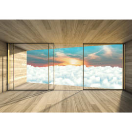 Fotobehang poster 2156 raam kamer uitzicht wolken lucht zon