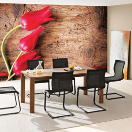 Fotobehang poster 0830 hout tulpen rood
