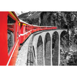 Fotobehang poster 1811 trein brug grijs rood landschap