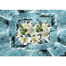 Fotobehang poster 1676 bloemen 3d wit blauw