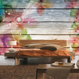 Fotobehang poster 2296 planken bloemen hout kleur