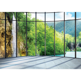 Fotobehang poster 2250 uitzicht glazen serre op waterval