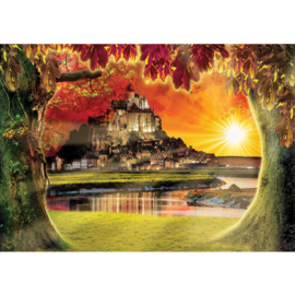 Fotobehang poster 0796 bomen boom herfst dorp zonsondergang kasteel