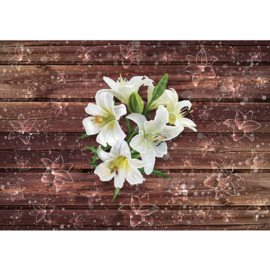 Fotobehang poster 2054 bruin planken hout bloemen wit