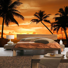 Fotobehang poster 2590 zonsondergang palm strand tropisch