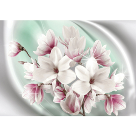 Fotobehang poster 0876 bloemen roze wit groen planten ster