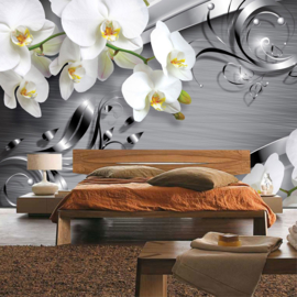 Fotobehang poster 0603 orchidee wit patroon grijs bloem