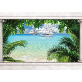 Fotobehang poster 1648 blauw water schip boot zeilen strand planten groen