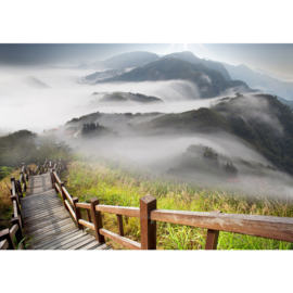 Fotobehang poster 0053 bergen houten trap mist uitzicht