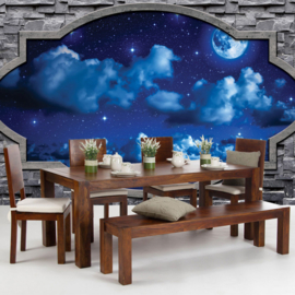 Fotobehang poster 1853 hemel wolken lucht blauw stenen muur doorkijk