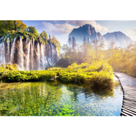 Fotobehang poster 0260 waterval bergen steiger houten loopplank