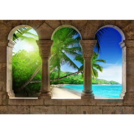 Fotobehang poster 1940 bogen met uitzicht op palm en strand