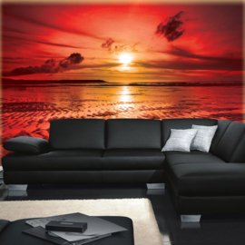 Fotobehang poster 1742 zonsondergang zee water lucht hemel wolken oranje strand